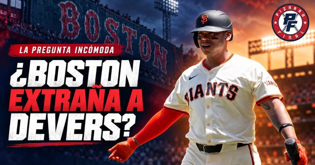 Rafael Devers con uniforme de los Giants en una portada de Pizarra Final que pregunta si Boston extraña su bate